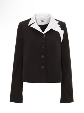 Black Tailored Cropped Blazer With White Collar